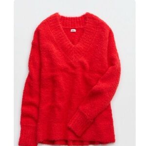 Aerie Teddy Boucle Vibrant Red V-Neck Sweater